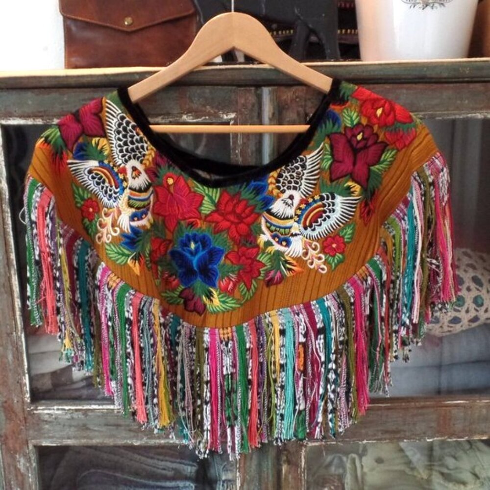 Handmade in Mexico Embroidered Shawl Floral Wrap Fringe NWOT